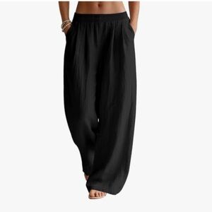 Cotton Linen Wide Leg Palazzo Pants | Summer Beach Trousers with Pockets Size L